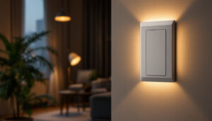 A photograph of a modern dimmable light switch in a stylish home setting