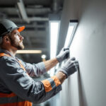 A photograph of a lighting contractor in action