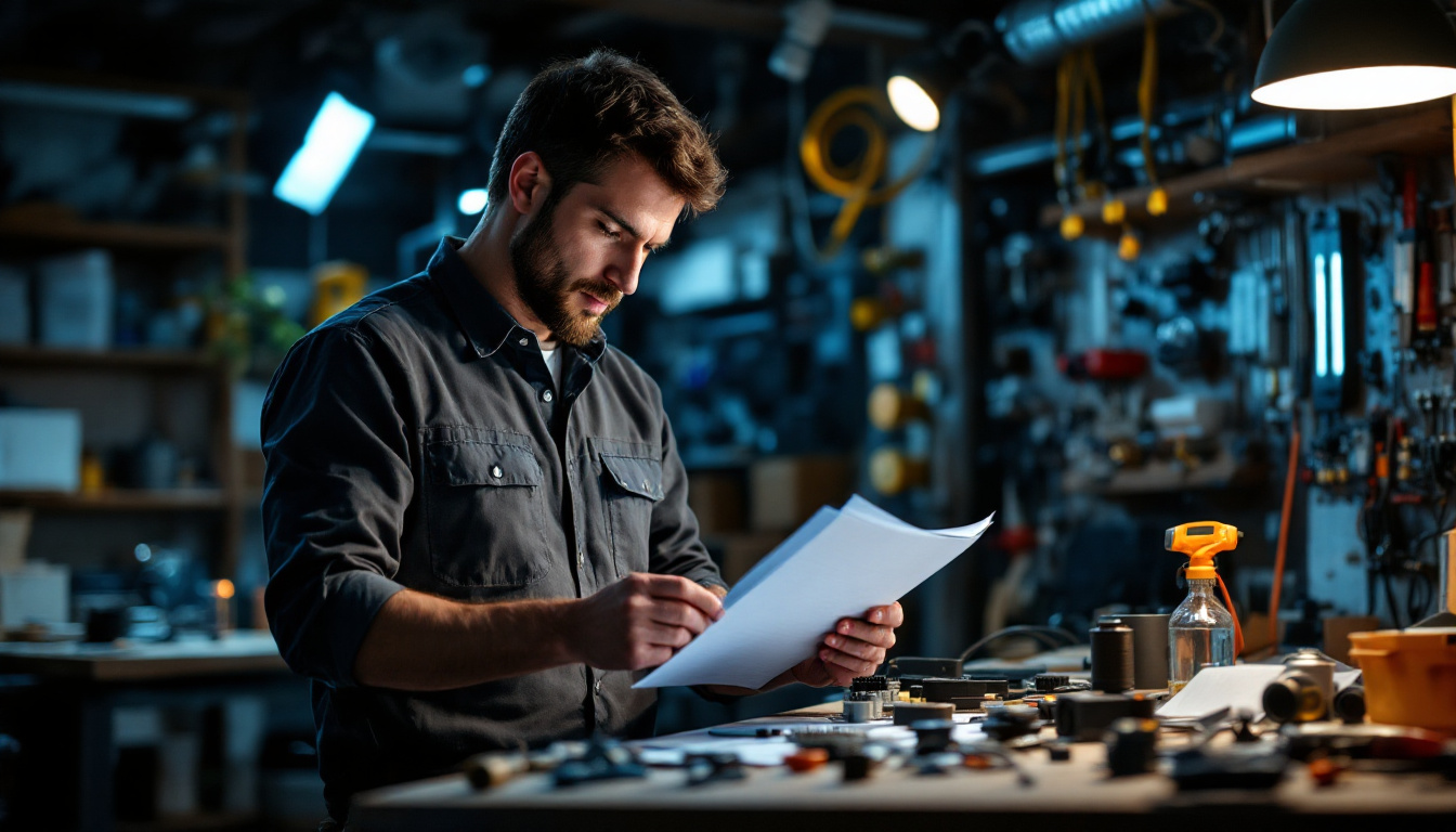 A photograph of a lighting contractor meticulously reviewing a checklist while surrounded by various electrical parts and tools in a well-lit workspace