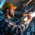 A photograph of a lighting contractor expertly installing or adjusting a fluorescent light fixture in a commercial setting