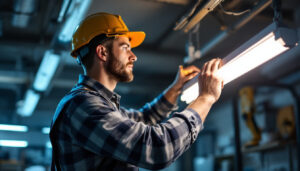 A photograph of a lighting contractor expertly installing or adjusting a fluorescent light fixture in a commercial setting