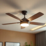 A photograph of a stylish ceiling fan with an integrated lamp installed in a well-lit room