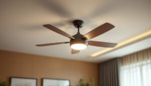 A photograph of a stylish ceiling fan with an integrated lamp installed in a well-lit room