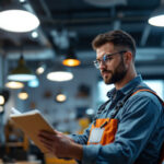 A photograph of a skilled lighting contractor at work