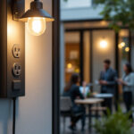 A photograph of a well-lit exterior space featuring a stylish outdoor light fixture with an integrated electrical outlet