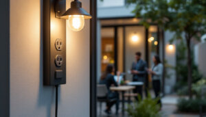 A photograph of a well-lit exterior space featuring a stylish outdoor light fixture with an integrated electrical outlet