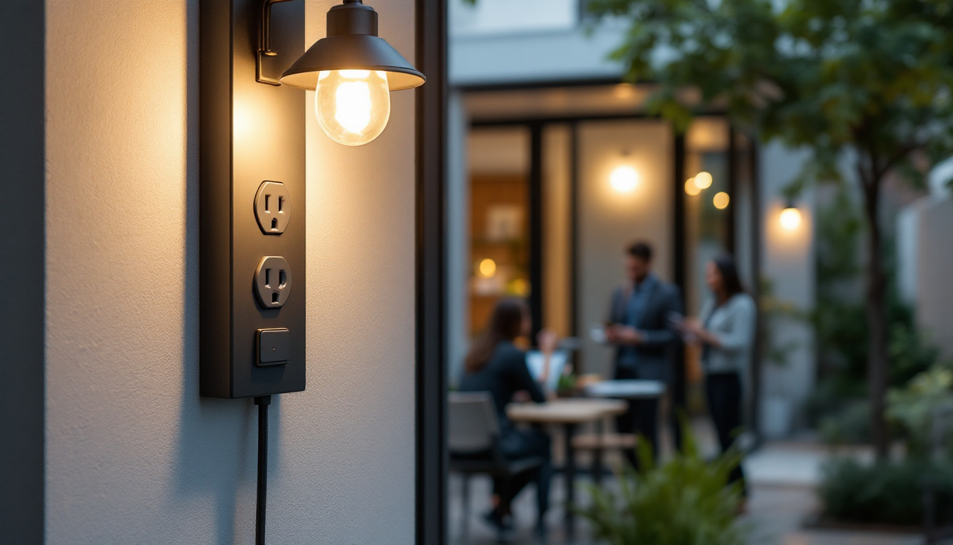 A photograph of a well-lit exterior space featuring a stylish outdoor light fixture with an integrated electrical outlet