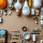 A photograph of a well-organized display of various light fixture parts