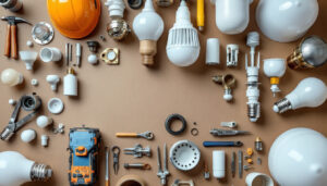 A photograph of a well-organized display of various light fixture parts
