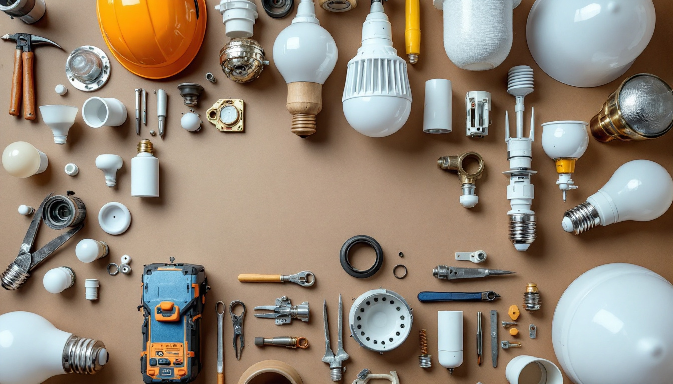 A photograph of a well-organized display of various light fixture parts