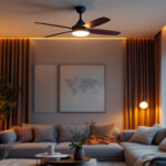 A photograph of a stylish living room featuring a modern ceiling fan in action