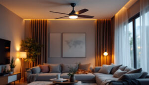 A photograph of a stylish living room featuring a modern ceiling fan in action