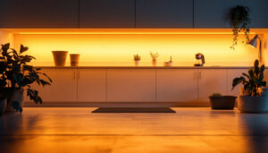 A photograph of a beautifully illuminated workspace or garage featuring under-cabinet led lights
