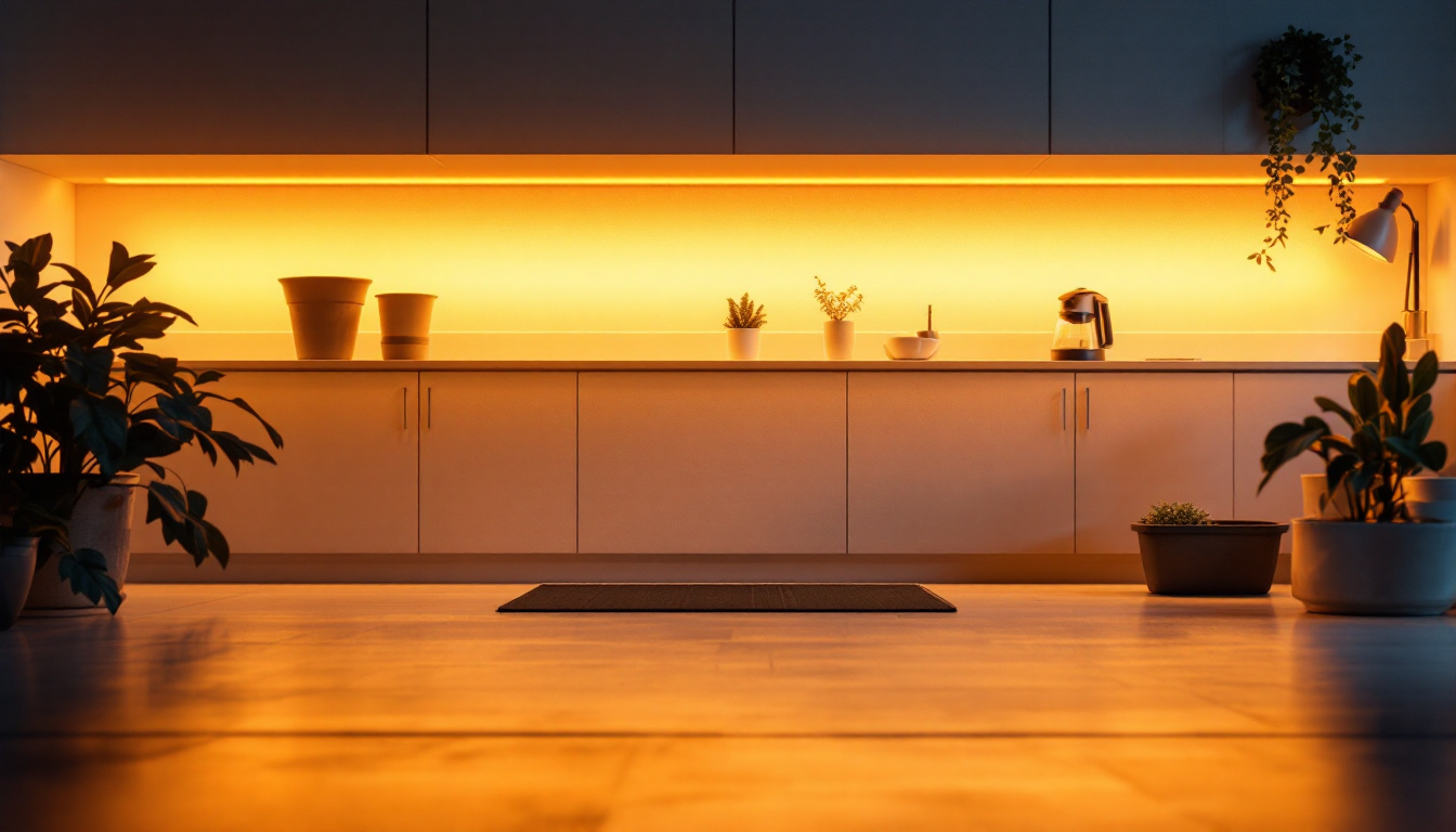 A photograph of a beautifully illuminated workspace or garage featuring under-cabinet led lights