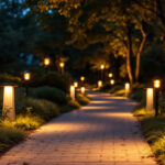 A photograph of a beautifully illuminated outdoor pathway at dusk