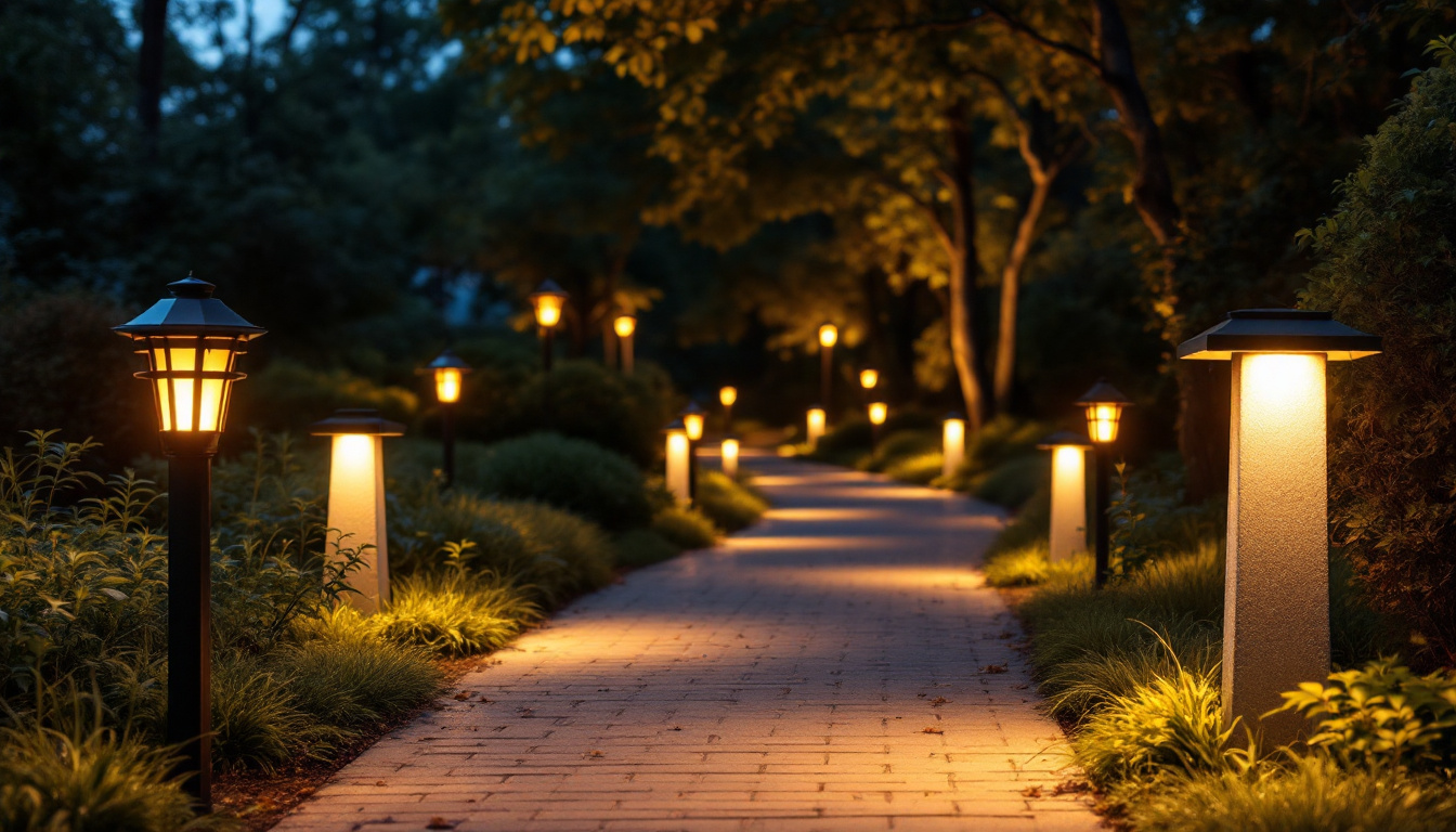 A photograph of a beautifully illuminated outdoor pathway at dusk