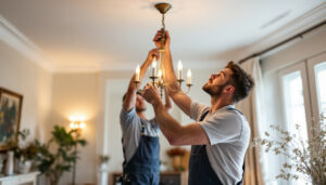 A photograph of a lighting contractor carefully installing a chandelier in an elegantly designed space