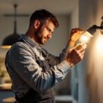 A photograph of a lighting contractor expertly installing mr16 led bulbs in a modern home setting