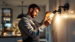 A photograph of a lighting contractor expertly installing mr16 led bulbs in a modern home setting