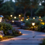 A photograph of a beautifully landscaped outdoor space illuminated by various styles of solar lights at dusk