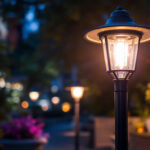 A photograph of a beautifully illuminated outdoor pole light in a vibrant setting