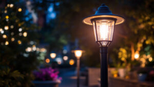 A photograph of a beautifully illuminated outdoor pole light in a vibrant setting