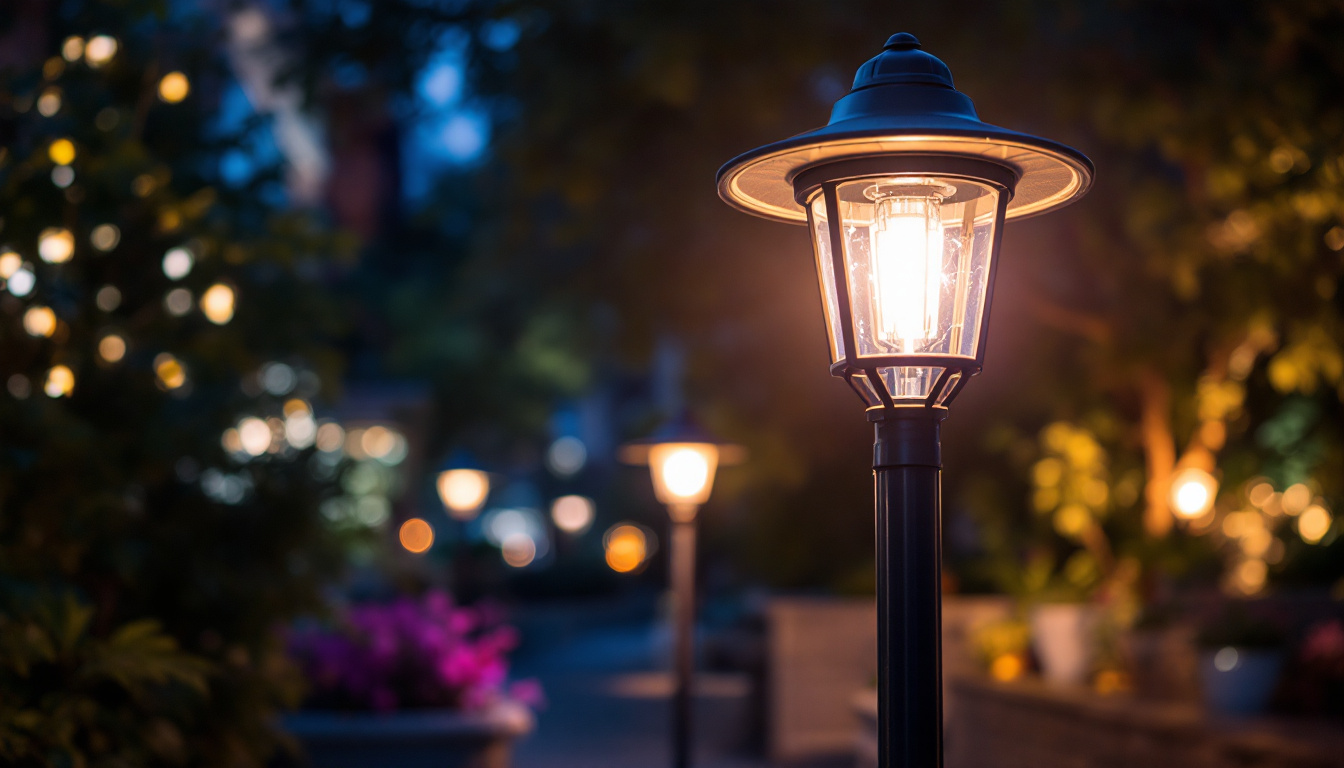 A photograph of a beautifully illuminated outdoor pole light in a vibrant setting