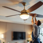 A photograph of a lighting contractor installing a large
