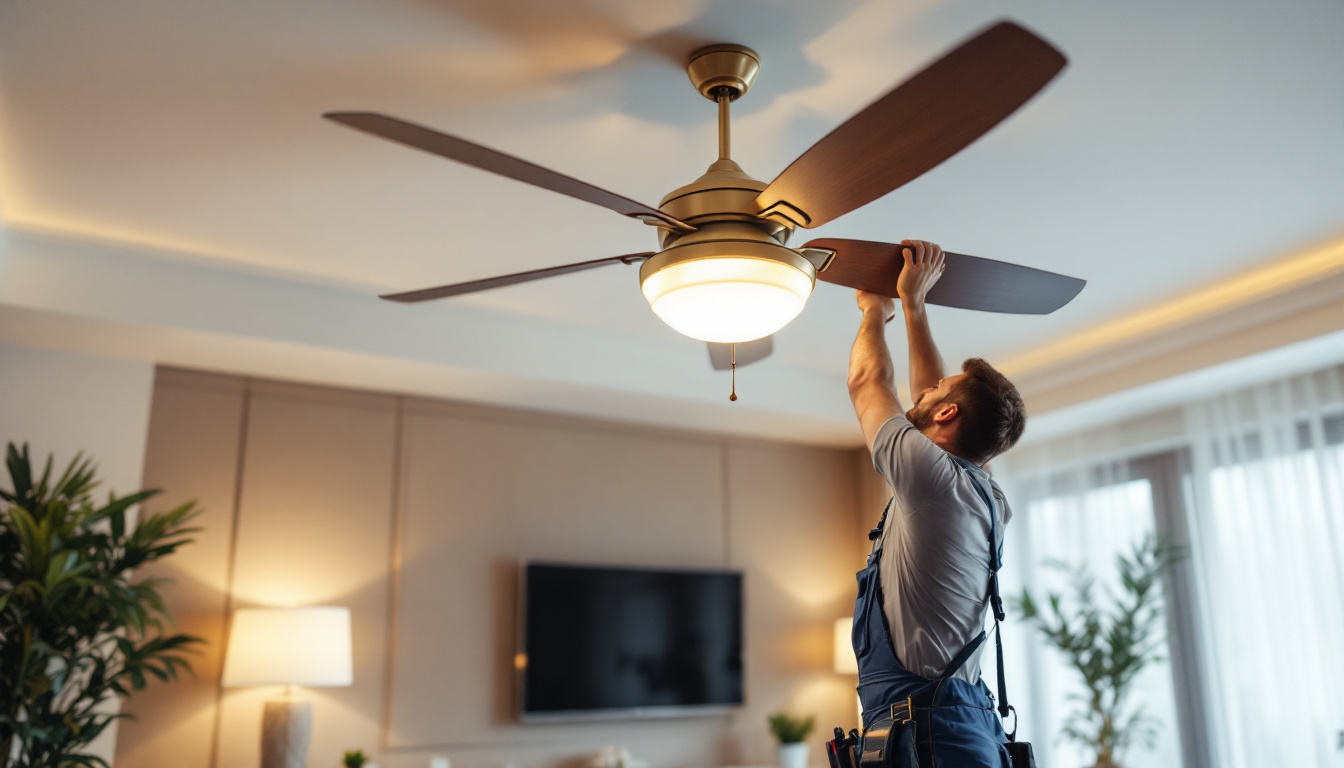 A photograph of a lighting contractor installing a large