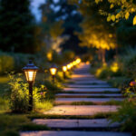 A photograph of a skilled lighting contractor expertly installing pathway lights in a beautifully landscaped outdoor setting
