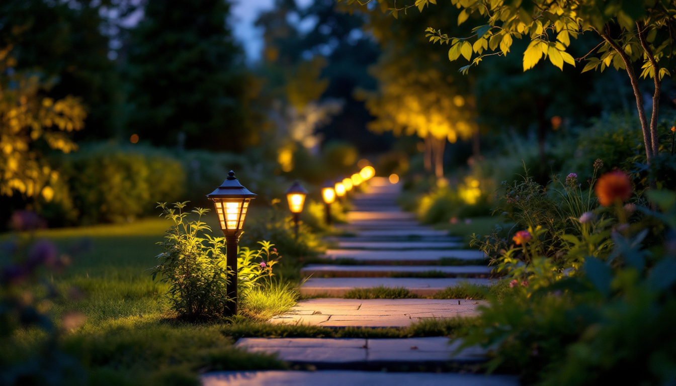 A photograph of a skilled lighting contractor expertly installing pathway lights in a beautifully landscaped outdoor setting