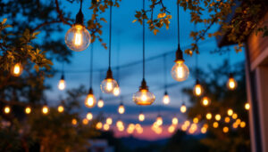 A photograph of a beautifully lit outdoor space featuring stylish hanging pendant lights