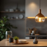 A photograph of a beautifully designed light island pendant hanging elegantly in a modern kitchen or dining space