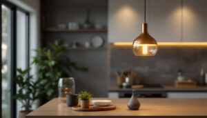 A photograph of a beautifully designed light island pendant hanging elegantly in a modern kitchen or dining space