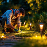 A photograph of a skilled lighting contractor expertly installing led landscape lights in a beautifully landscaped garden