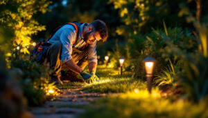 A photograph of a skilled lighting contractor expertly installing led landscape lights in a beautifully landscaped garden