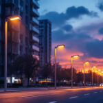 A photograph of a modern city street illuminated by energy-efficient led streetlights at dusk