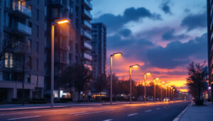 A photograph of a modern city street illuminated by energy-efficient led streetlights at dusk