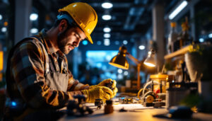 A photograph of a dynamic lighting contractor at work