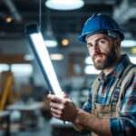 A photograph of a lighting contractor installing led tubes in a modern workspace