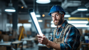 A photograph of a lighting contractor installing led tubes in a modern workspace