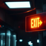 A photograph of a well-lit exit sign in a commercial building