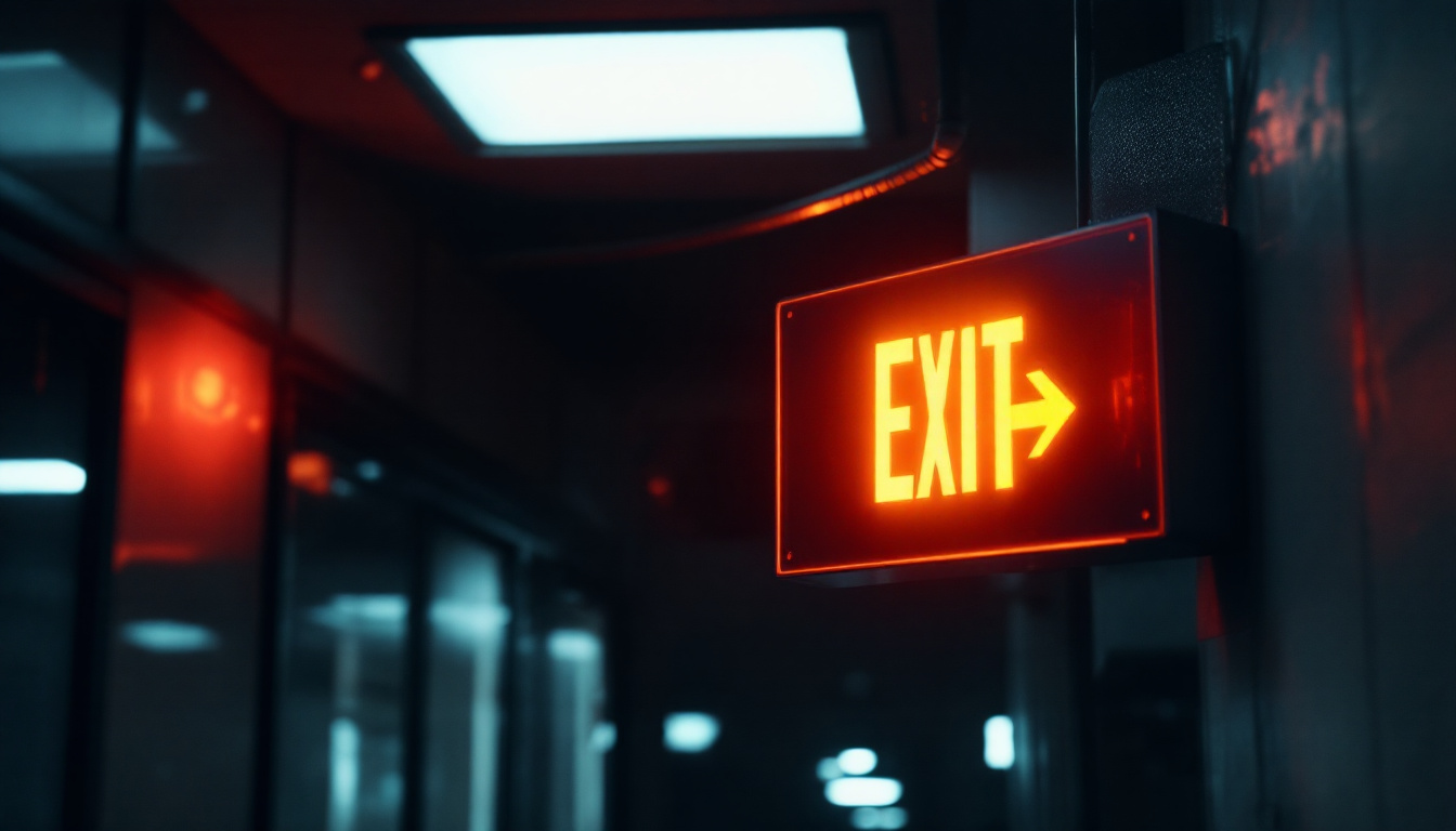 A photograph of a well-lit exit sign in a commercial building