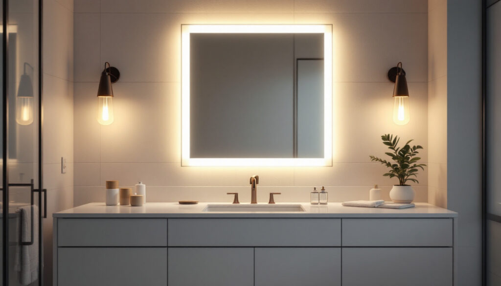 A photograph of a well-lit bathroom featuring a stylish lighting mirror