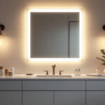 A photograph of a well-lit bathroom featuring a stylish lighting mirror
