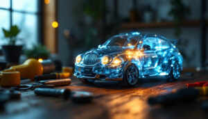 A photograph of a creatively designed light bulb shaped like a car
