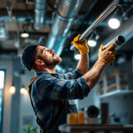 A photograph of a lighting contractor expertly installing track light fixtures in a modern interior space