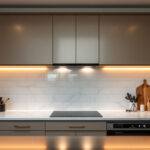 A photograph of a beautifully designed kitchen featuring stylish undercabinet lighting that highlights the countertop and enhances the overall ambiance