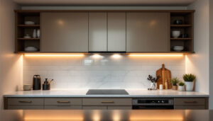A photograph of a beautifully designed kitchen featuring stylish undercabinet lighting that highlights the countertop and enhances the overall ambiance