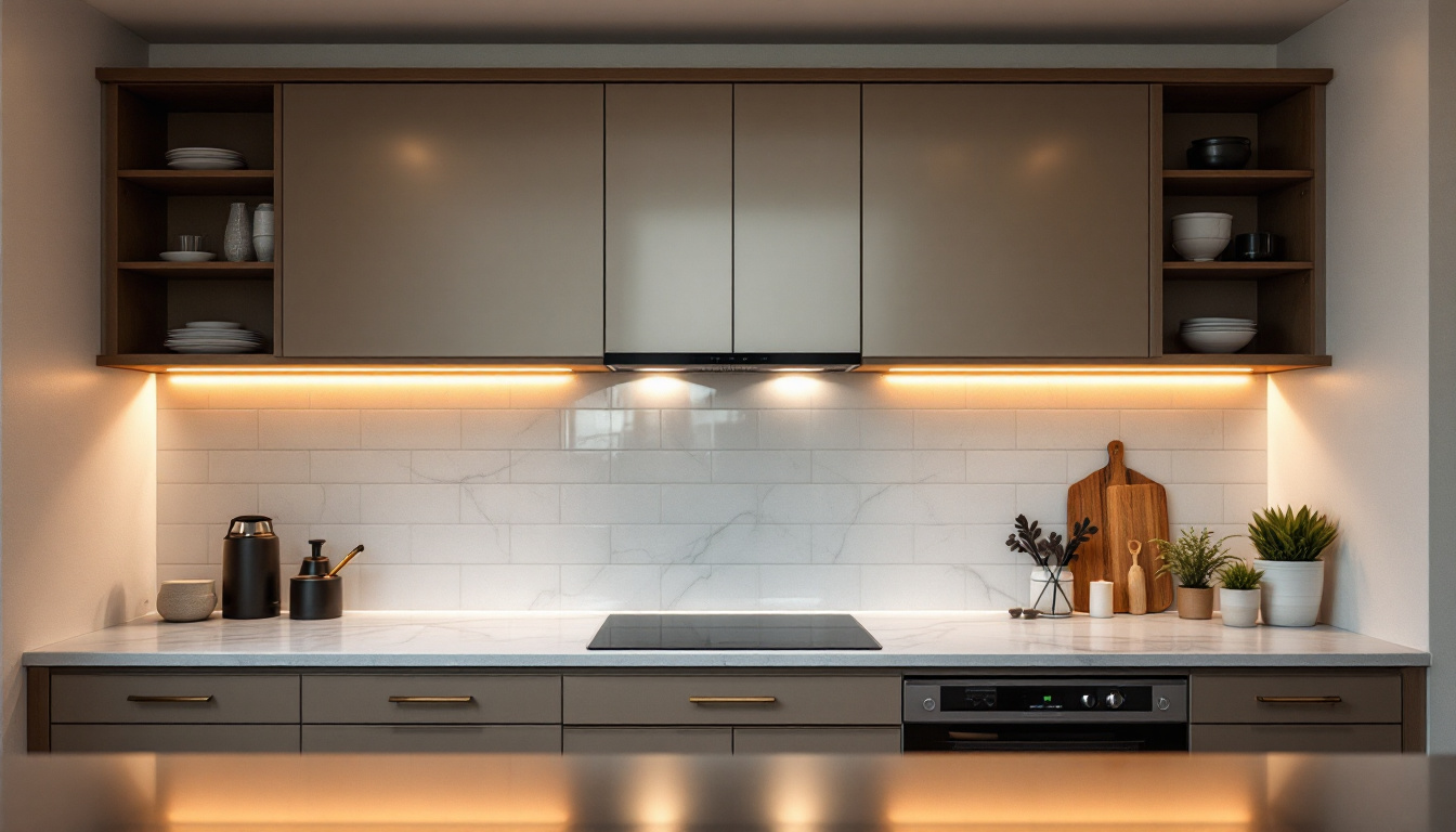 A photograph of a beautifully designed kitchen featuring stylish undercabinet lighting that highlights the countertop and enhances the overall ambiance